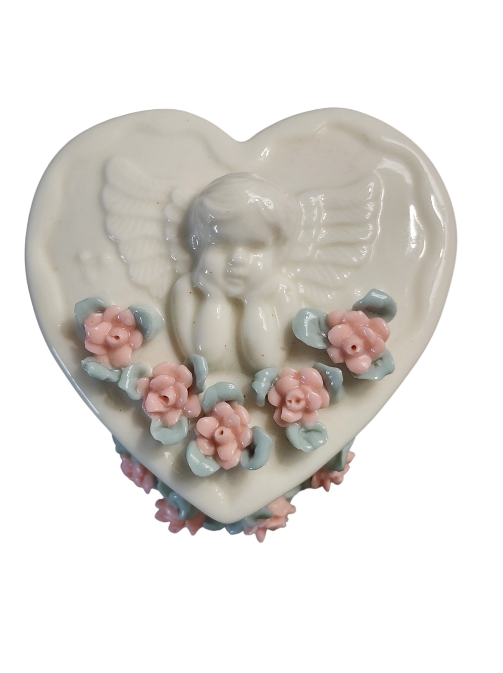 Ganz Heart Shaped Porcelain Trinket Box Cherub Pink Flowers